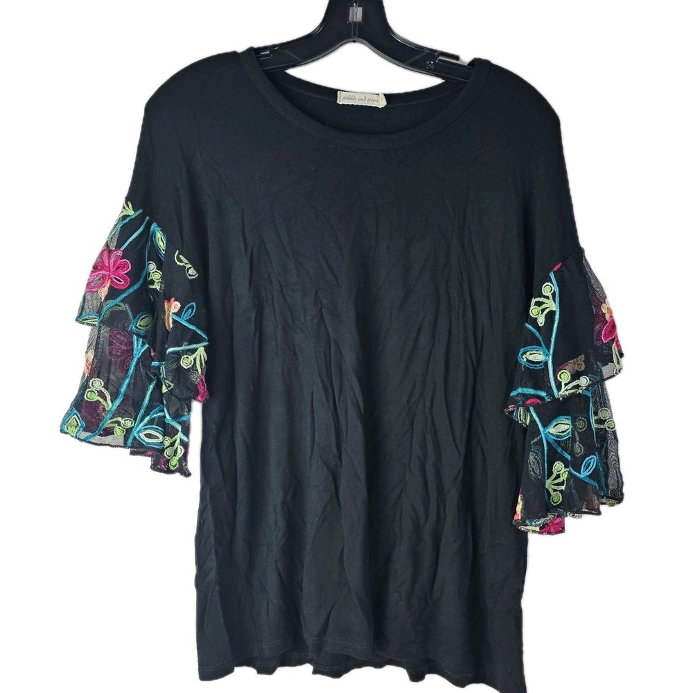 Pebble and Stone Womens Top M Black Ruffle Floral Sheer Bell Layered Sleeves